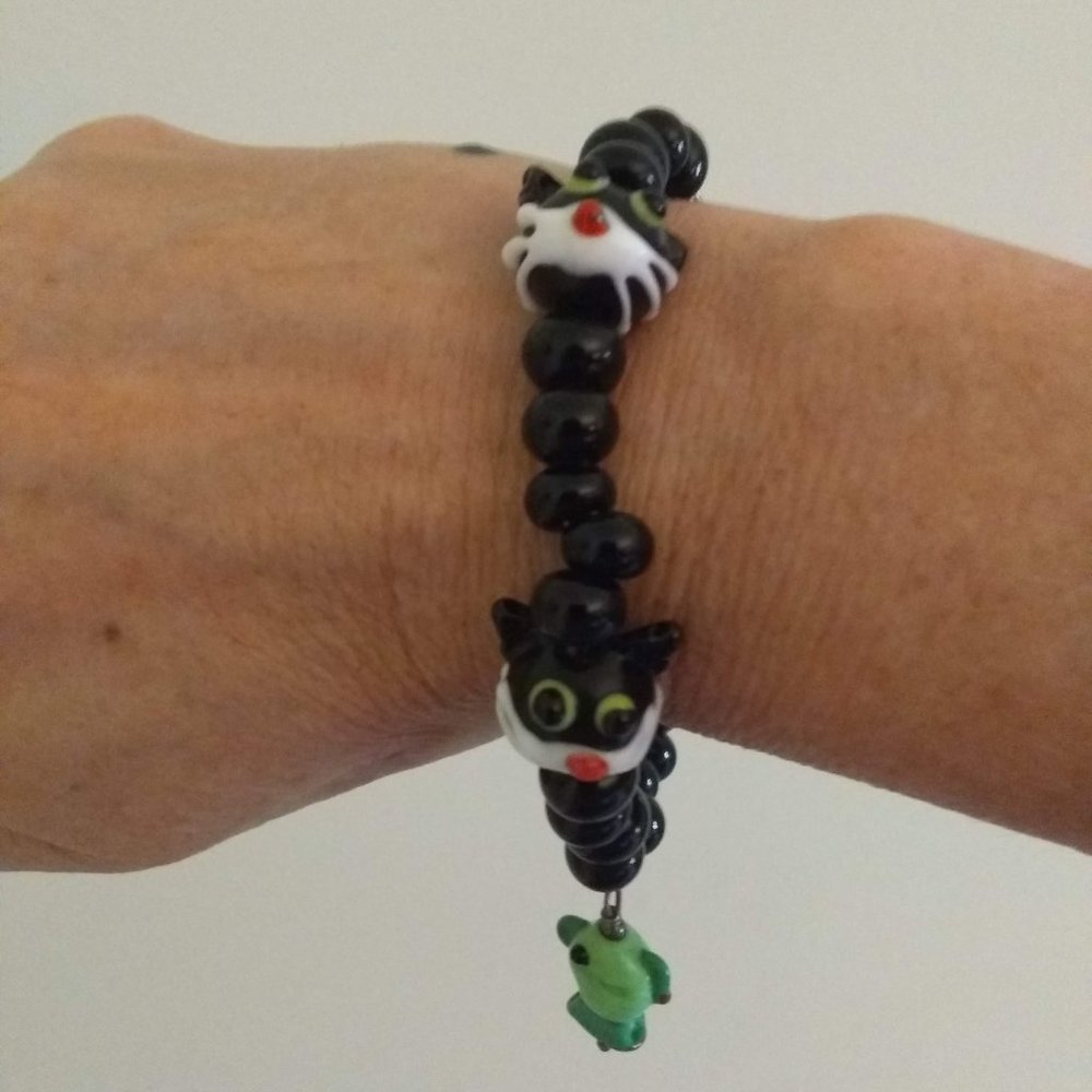 Murano glass cat bracelet with fish - Vintage 90s - EUC